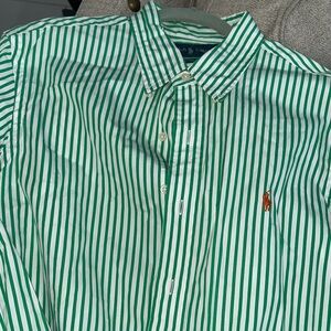 Polo by Ralph Lauren Green and White Striped Button-Down Shirt with Orange Pony